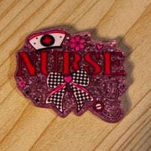 Load image into Gallery viewer, Nurse with B&W Bow Pink Glittery Flatback