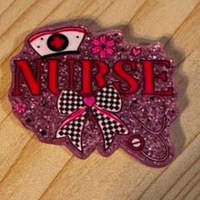 Load image into Gallery viewer, Nurse with B&W Bow Pink Glittery Flatback