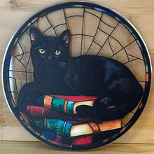 Load image into Gallery viewer, Acrylic Suncatcher with Chain - Large - Black Cat on Books