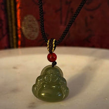 Load image into Gallery viewer, Carved Jadeite Jade Laughing Buddha Pendant, Rope Necklace, Amulet