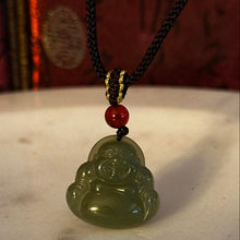 Load image into Gallery viewer, Carved Jadeite Jade Laughing Buddha Pendant, Rope Necklace, Amulet