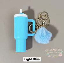 Load image into Gallery viewer, Tumbler Keychains with Fur Ball Pendant- Mini 3-inch tall Light Blue Mini Tumbler Keychains