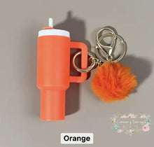Load image into Gallery viewer, Tumbler Keychains with Fur Ball Pendant- Mini 3-inch tall Orange Mini Tumbler Keychains