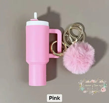Load image into Gallery viewer, Tumbler Keychains with Fur Ball Pendant- Mini 3-inch tall Pink Mini Tumbler Keychains