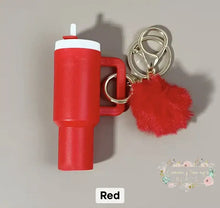 Load image into Gallery viewer, Tumbler Keychains with Fur Ball Pendant- Mini 3-inch tall Red Mini Tumbler Keychains