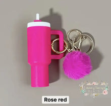 Load image into Gallery viewer, Tumbler Keychains with Fur Ball Pendant- Mini 3-inch tall Rose Red Mini Tumbler Keychains