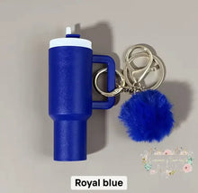 Load image into Gallery viewer, Tumbler Keychains with Fur Ball Pendant- Mini 3-inch tall Royal Blue Mini Tumbler Keychains