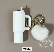 Load image into Gallery viewer, Tumbler Keychains with Fur Ball Pendant- Mini 3-inch tall White Mini Tumbler Keychains