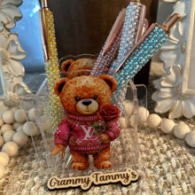Load image into Gallery viewer, Love Bear with Pink Rose - Acrylic Pen/Pencil/Bush Holder
