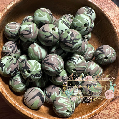 15Mm Camo - Green Silicone Bead Round Beads