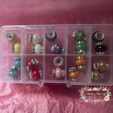 Load image into Gallery viewer, 20 Assorted Rhinestone Pearl Spacer Beads in Container 14mm Rhinestone Spacer Beads
