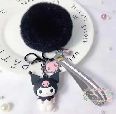 3D Black Cat Keychain With Fluffy Pom