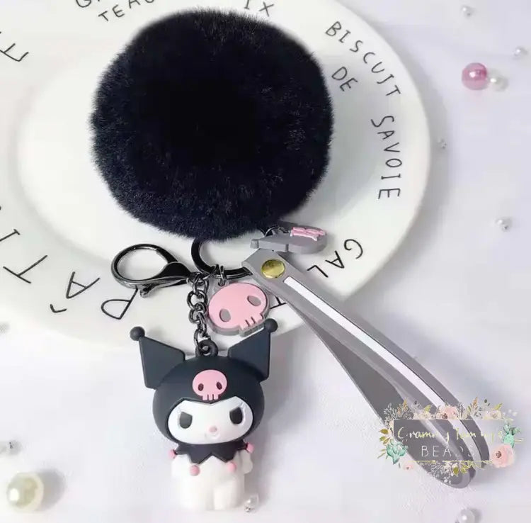 3D Black Cat Keychain With Fluffy Pom
