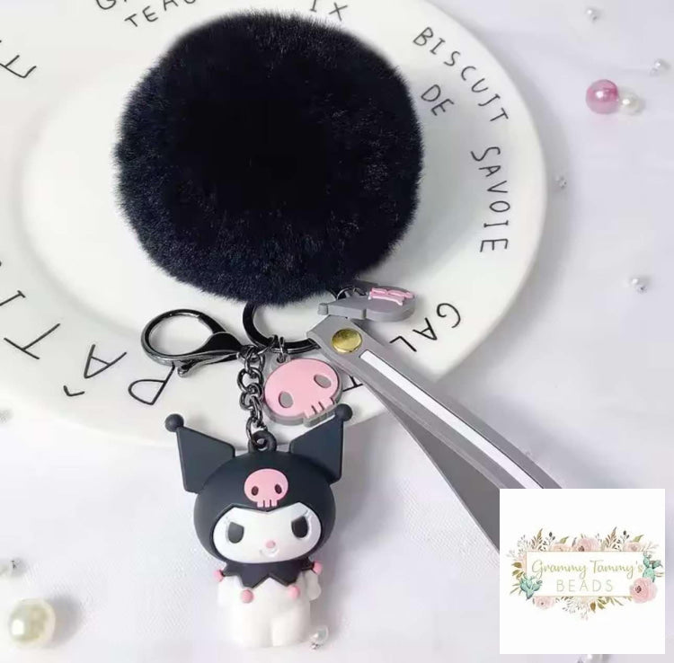 3D Black Cat Keychain With Fluffy Pom