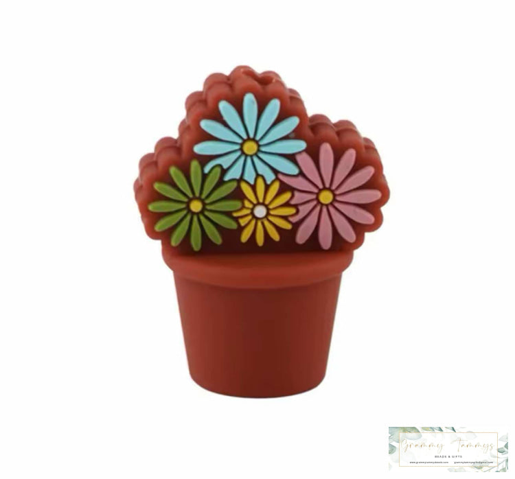 3D Silicone Focal Bead - Flower Pot Pink & Blue Beads