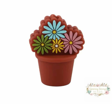 3D Silicone Focal Bead - Flower Pot Pink & Blue Beads