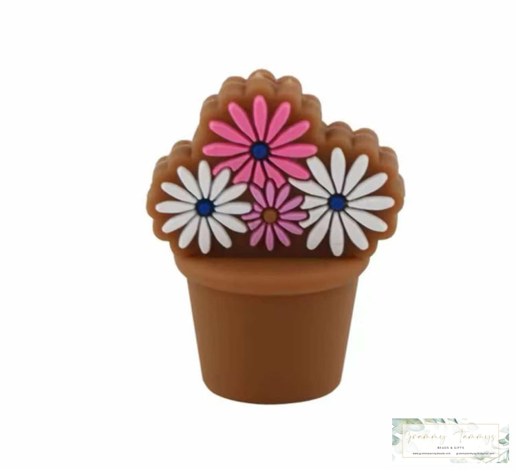 3D Silicone Focal Bead - Flower Pot Pink & White 1 Count Beads