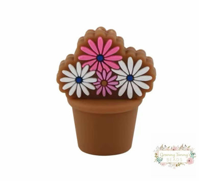 3D Silicone Focal Bead - Flower Pot Pink & White 1 Count Beads