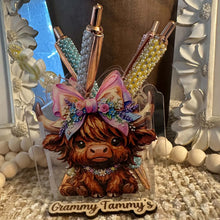 Load image into Gallery viewer, Highland Cow with Bow - Acrylic Pen/Pencil/Brush Holder
