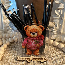 Load image into Gallery viewer, Love Bear with Pink Rose - Acrylic Pen/Pencil/Bush Holder
