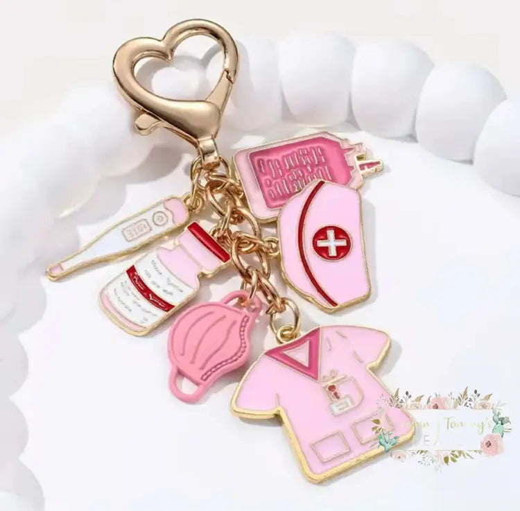 Alloy Enamel Medical Tool Nurse Pendant Keyring Key Chain Pink Keychain