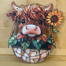 Load image into Gallery viewer, Acrylic Suncatcher with Chain - Medium - Highland Cow with Sunflower
