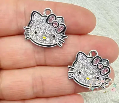 Charms - Silver Plated Crystal Kitty Cat Charm - Face - One Count Charms