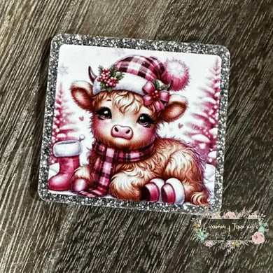 Christmas Cow - Pink - Silver Glitter Glitter Flatback