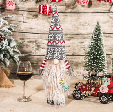 Christmas Wine Cover - Gnome With Grey Snowflake Hat Bottle