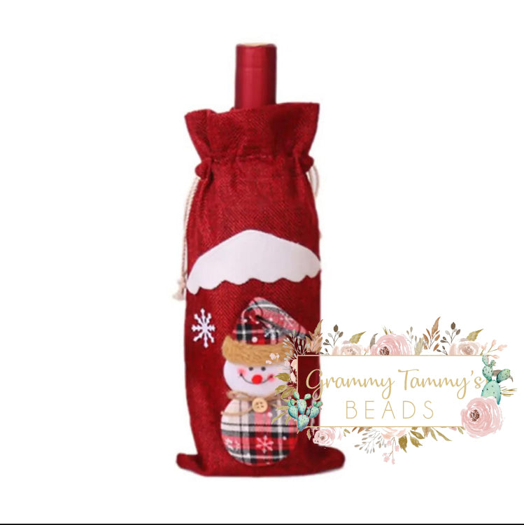 Christmas Wine Gift Bag - Red Snowman With Snowflakes Bottle Cover