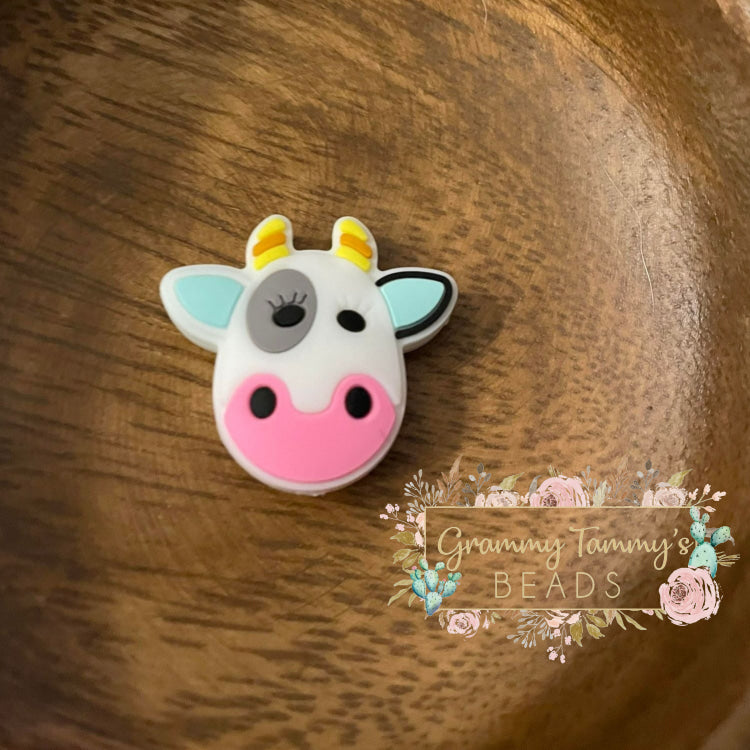 Pink & Blue Cow Silicone Focal Bead Beads