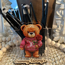 Load image into Gallery viewer, Love Bear with Pink Rose - Acrylic Pen/Pencil/Bush Holder
