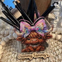 Load image into Gallery viewer, Highland Cow with Bow - Acrylic Pen/Pencil/Brush Holder
