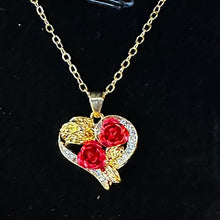 Load image into Gallery viewer, Double Rose with Heart Gold-Tone Necklace
