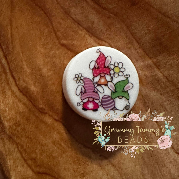 Gnome Bunnies Round Silicone Focal Bead Beads