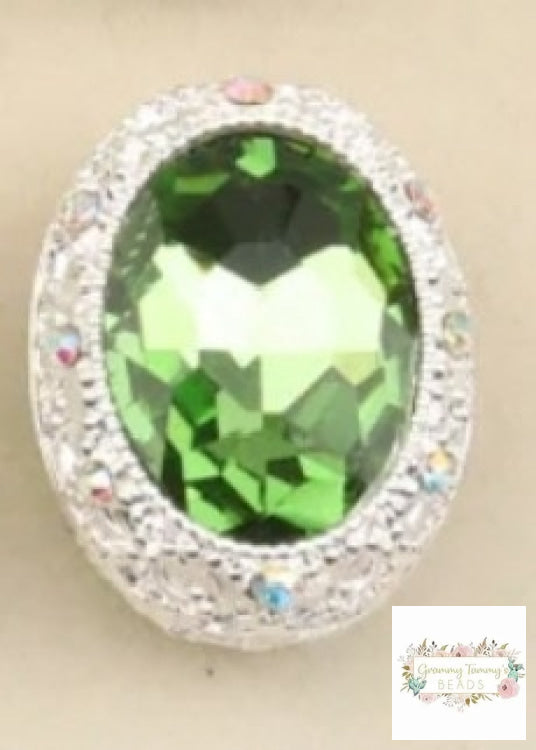 Green Silver tone Oval Gemstone Beads - 1 Count Oval Rhinestone