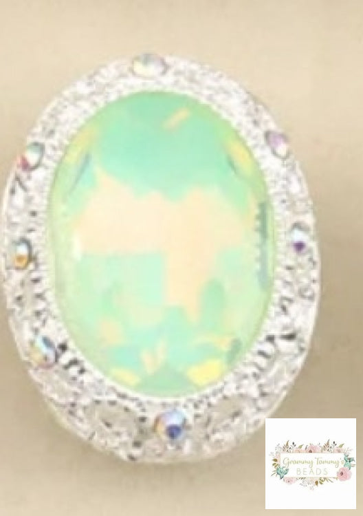 Greenish Yellow Opal Silver tone Oval Gemstone Beads - 1 Count Oval Rhinestone