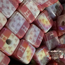 Load image into Gallery viewer, H*rmes - 16mm Pink &amp; White Acrylic Beads - 5 Count 16mm Square Designer Inspired Beads
