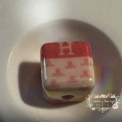 H*rmes - 16mm Pink & White Acrylic Beads - 5 Count 16mm Square Designer Inspired Beads