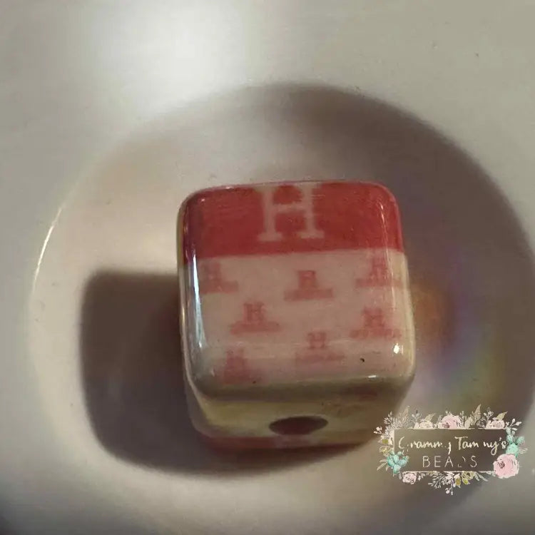 H*rmes - 16mm Pink & White Acrylic Beads - 5 Count 16mm Square Designer Inspired Beads