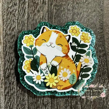 Load image into Gallery viewer, Happy Cat with Flowers - Glittery Flatback Glitter Flatback
