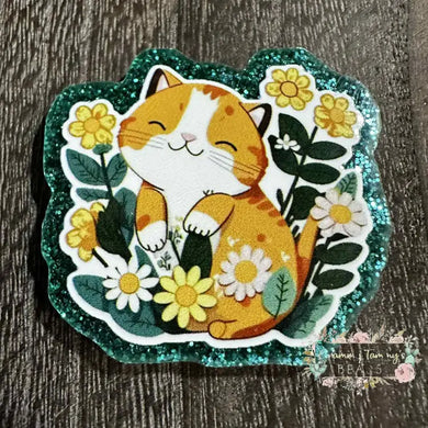 Happy Cat with Flowers - Glittery Flatback Glitter Flatback
