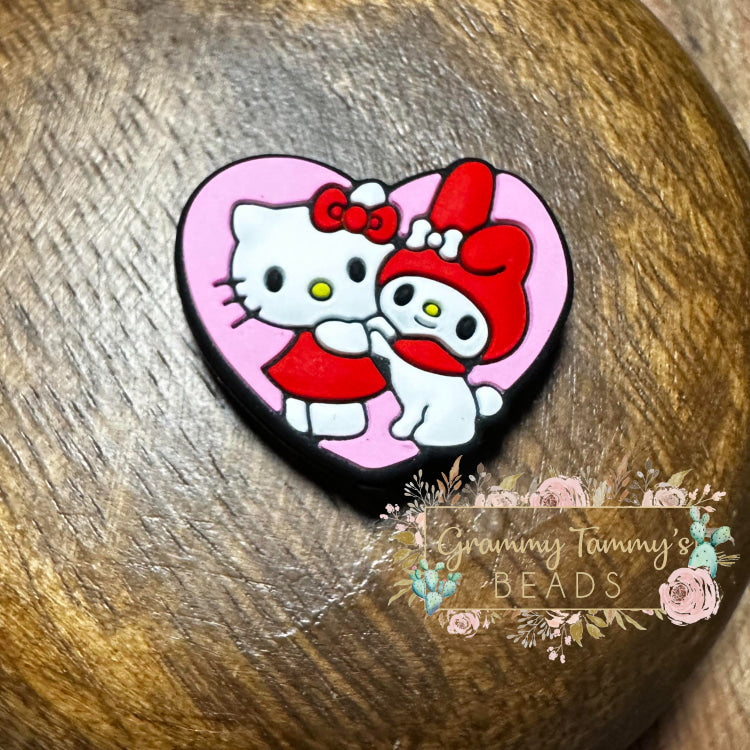 Kitty & Friend Heart Silicone Focal Beads