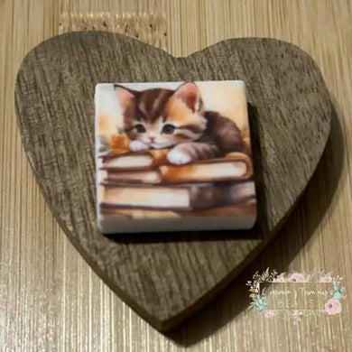 Kitty with Books Square Silicone Focal Bead Silicone Square Bead