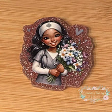 Load image into Gallery viewer, Nurse with Flowers Pink Glitter Flatback Glitter Flatback
