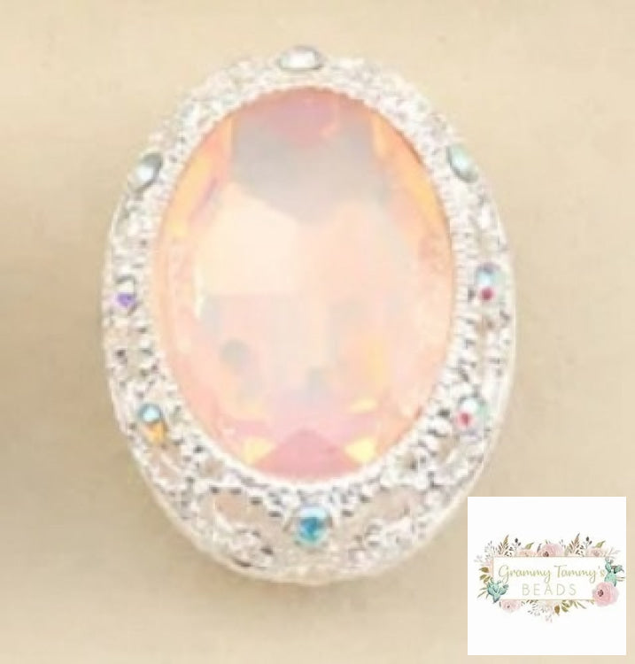 Peach Silver tone Oval Gemstone Beads - 1 Count Oval Rhinestone