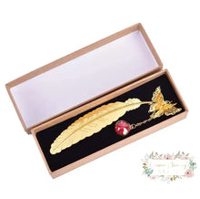 Load image into Gallery viewer, Silver Or Gold Metal Feather Bookmark With 3D Butterfly Gold/Red
