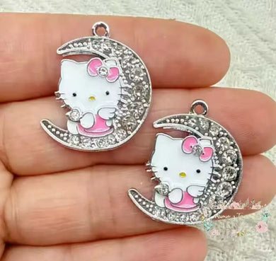 Silver Plated Crystal Kitty Cat Charm - Moon - One Count Charms