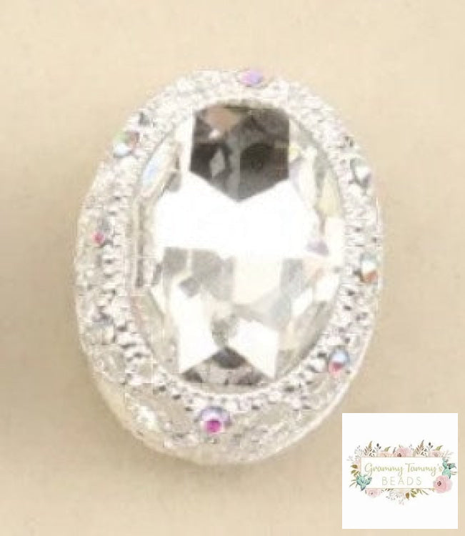 Silver Silver tone Oval Gemstone Beads - 1 Count Oval Rhinestone