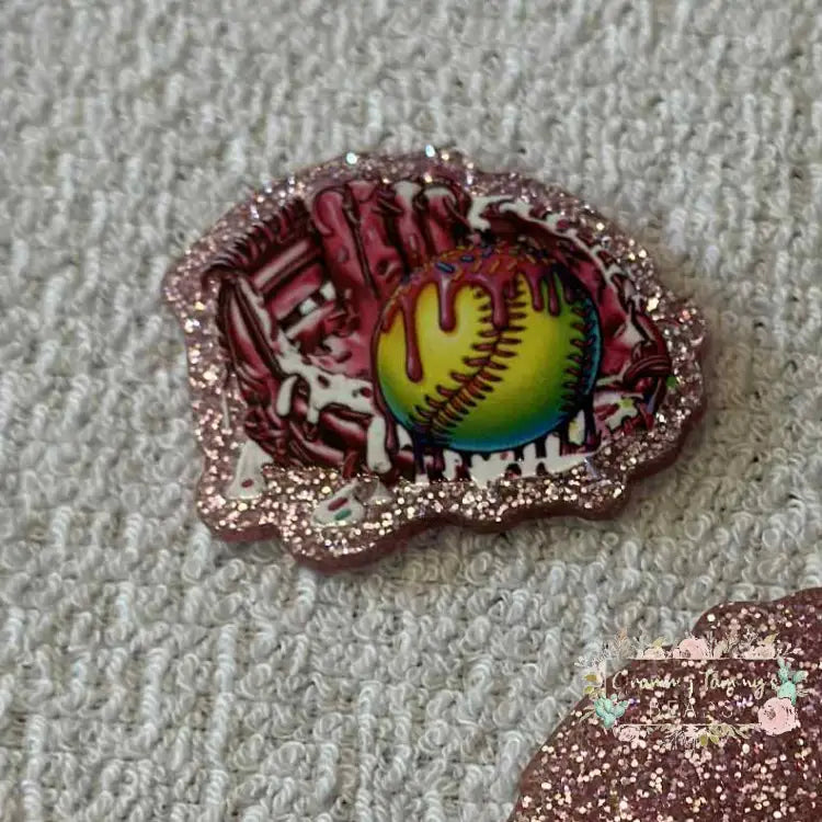 Glove and Softball - Pink Glitter Flatback Glitter Flatback